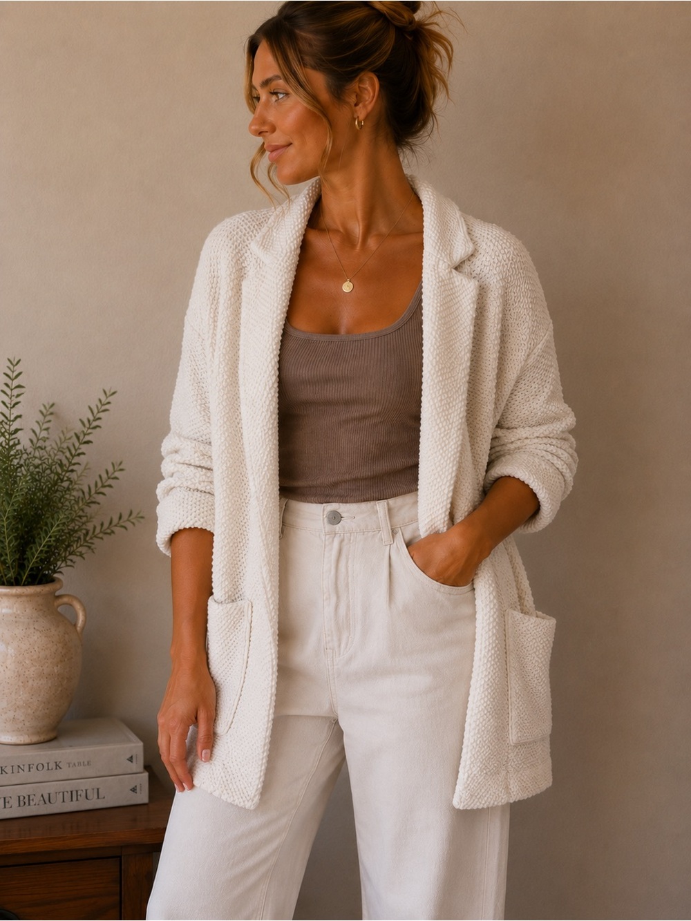 Marine Layer Cream Open-Front Knit Cardigan